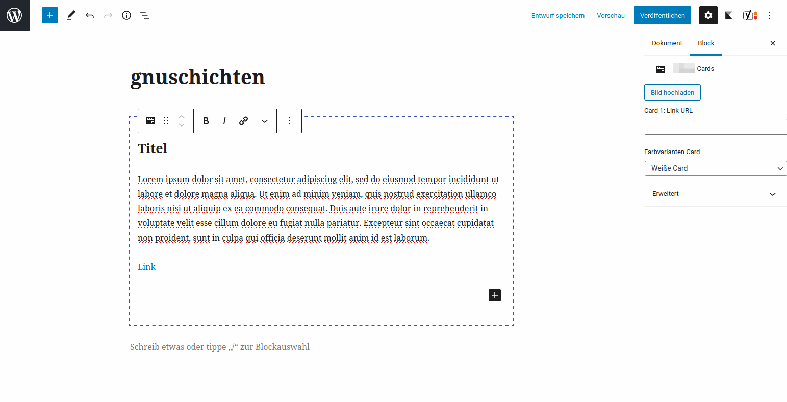 Bildschirmfoto Wordpress Gutenberg Block